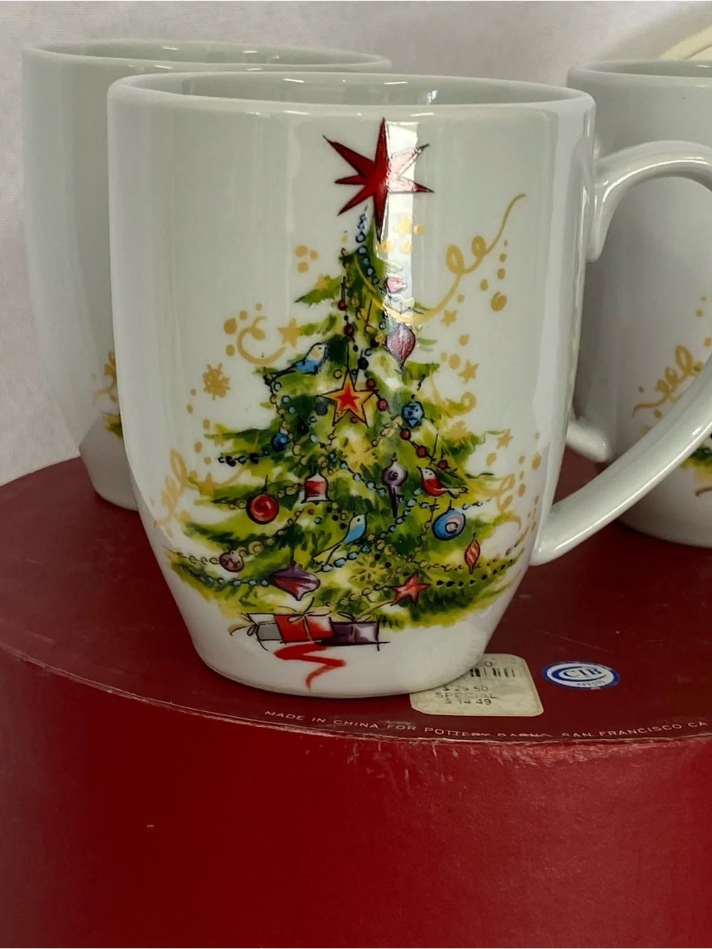 Pottery Barn Holiday Cheer Christmas Tree All is Bright All is Calm Mug Set Of 4